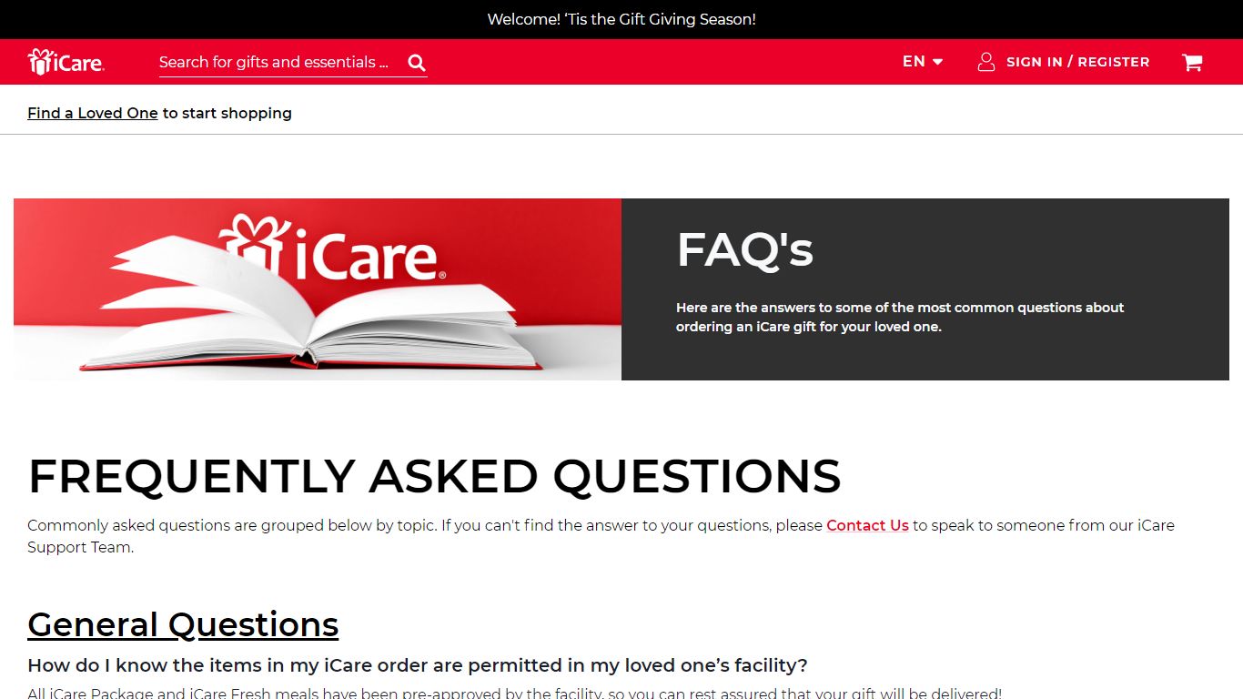 iCare FAQ page - icaregifts.com
